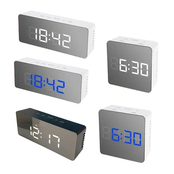 

1pc 14x50x3.4cm LED Display Alarm Clock Fuctions Button Digital Mirror Desk Clock Temperature Calendar Snooze Function with USB