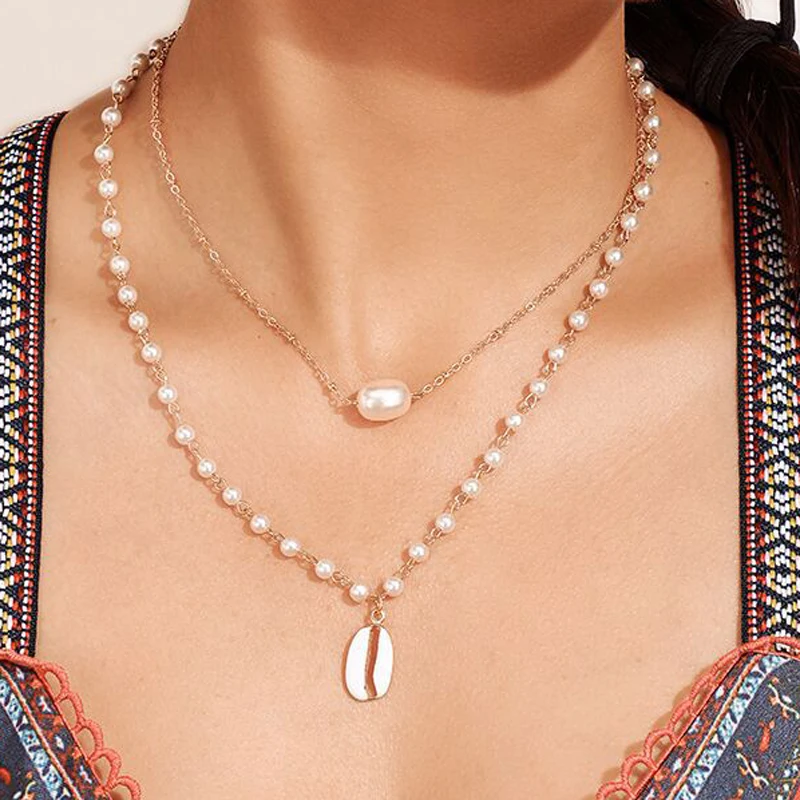 2020 Chic White beads Choker Necklaces Shell Cowrie Pearl pendant Gold Multi layer Necklace Imitation Statement Collier | Украшения и