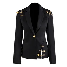 Осенний Женский блейзер из сетчатой ткани черного цвета, тонкая пуговичная брошь, модные женские куртки-блейзеры