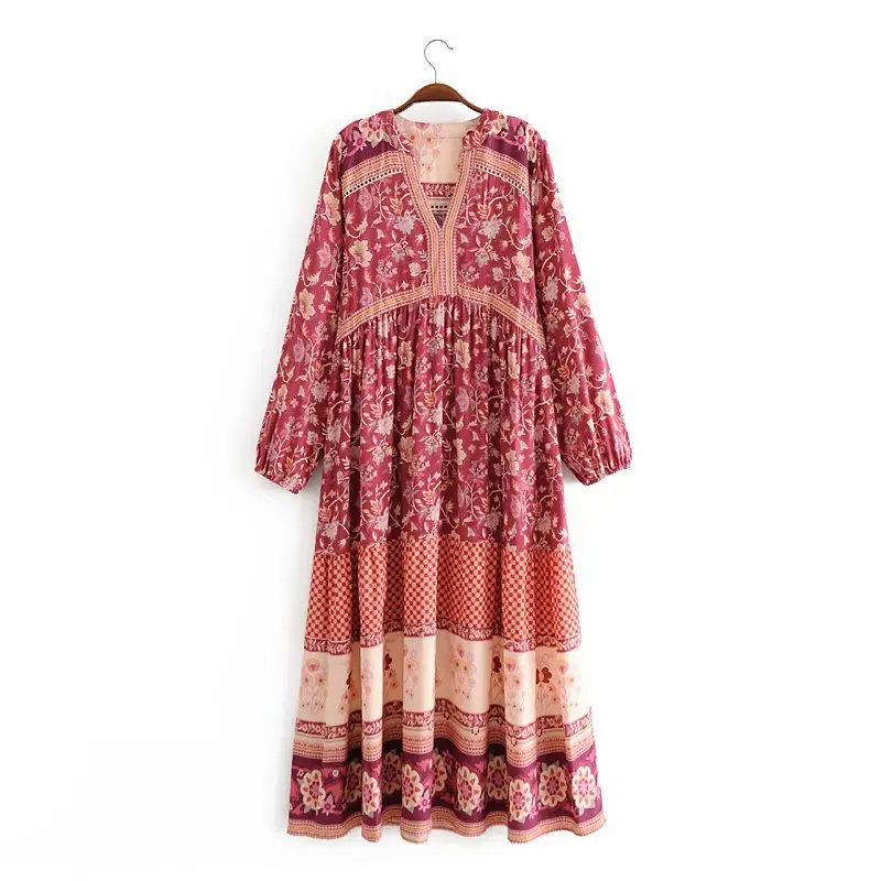 2020 Autumn Womens Maxi Dress Lantern Sleeve Cotton Boho Dress Floral Printing Runway Dress Chic Mujer Vestidos Daily Dresses