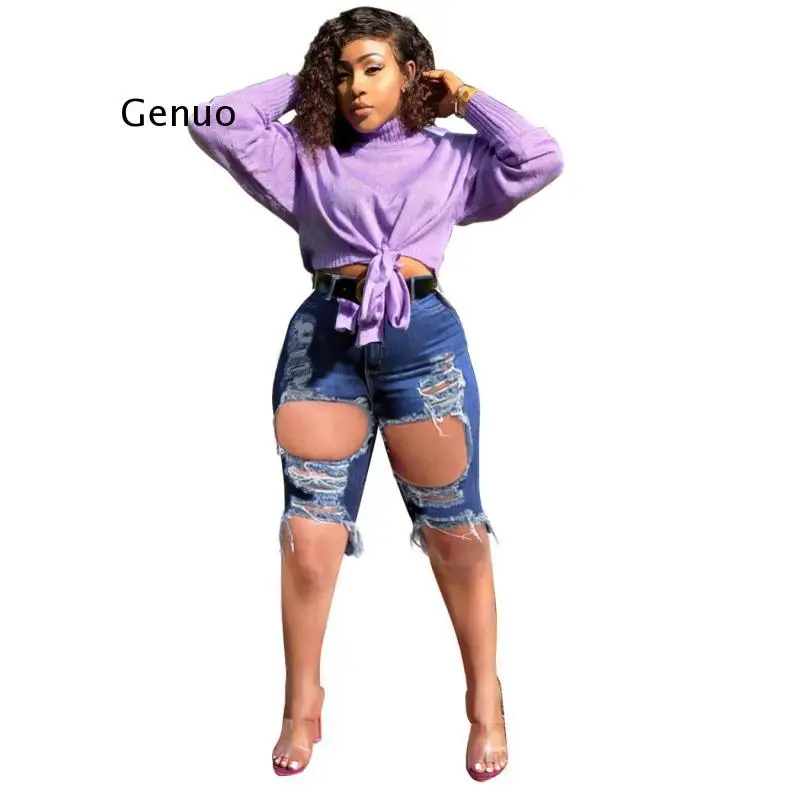 

Шорты-карандаш женские рваные из денима, пикантная одежда с завышенной талией, с дырками и драпировкой, облегающие Клубные, уличные