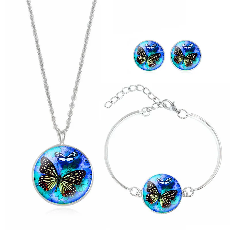 

Hot Sales Blue Butterfly Time Stone Necklace Set Ear Stud Bracelets Ornament Set