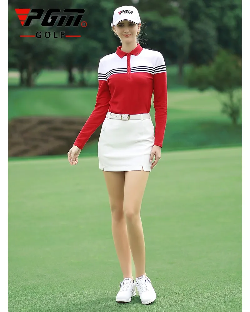 

PGM Autumn And Winter Golf SportsWear New Arrival Women Warm Long Sleeved Color Matching Golf T-shirt Button Lapel Golf Apparel