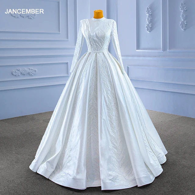 RSM67420 Shiny Glitters Wedding Gown With Pearls Belt Satin Wedding Dresses Long Sleeve 2022 Vestidos Cetim Branco Frete Gratis 1