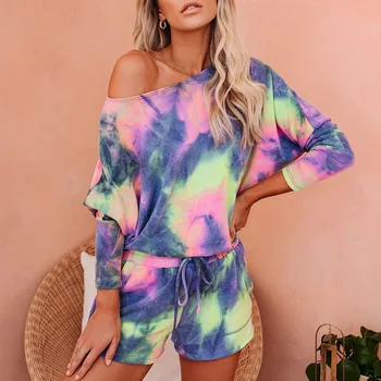 

Women Tie Dye Print Homewear 2 Piece Sets Casual Tshirt Biker Shorts Sports Tracksuits Sleepwear Pajamas Lounge Wear