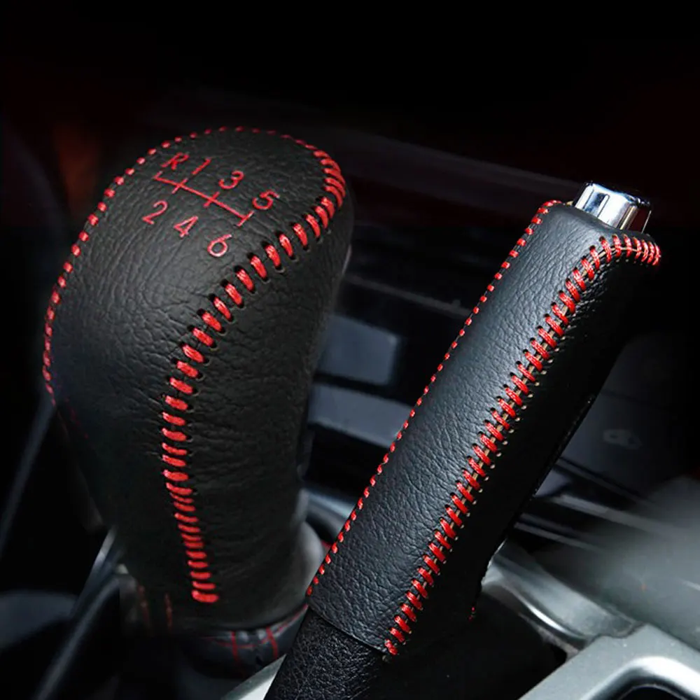 1x Leather Gear Head Shift Knob Cover Collars Handbrake Black Red Case For Hyundai Creta ix25 2017 2018 2019 Replace Accessories