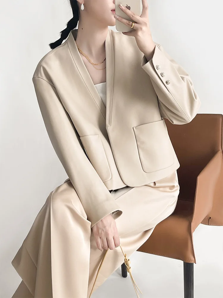 Brown Leather Coats Women V Neck Single Button Blazer Jackets 2021 Autumn Winter Elegant Smooth Leather Slim Short Jackets