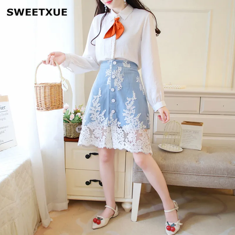 SWEETXUE 2019 осенний комплект из двух предметов Женская кружевная джинсовая юбка с