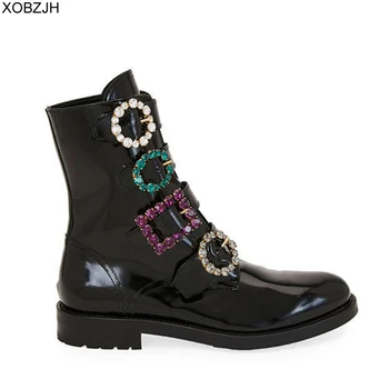 

Designer black Rhinestone Boots Women luxury 2019 brand Genuine Leather Shoes For Winter Boots Shoes Woman flat Boots