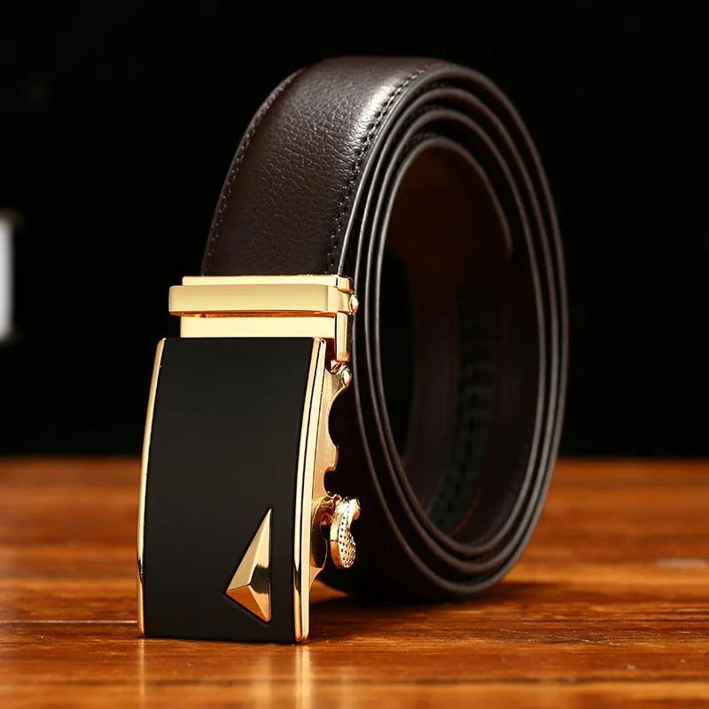 Gold buckle brown Мужские деловые ремни, кожаный поясной ремень, дизайнерские автоматические пряжки, кожаные роскошные ремни, мужские пряжки из сплава - Цвет: Gold buckle brown