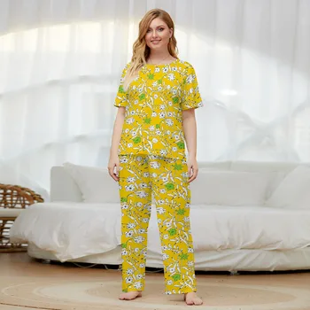 

2 Pcs Summer Plus Size Mussy Floral Printed Sleepwear Suits Yellow Short Sleeves Tops and Trousers Pajamas Sets Loungewear