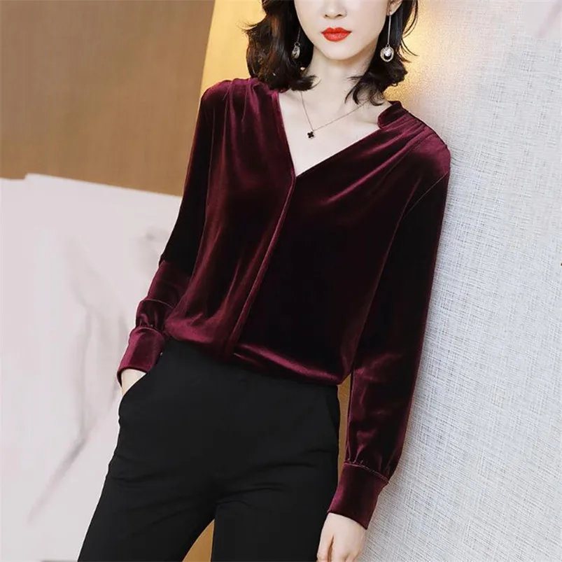Women Solid Velvet Blouses 2022 Autumn 