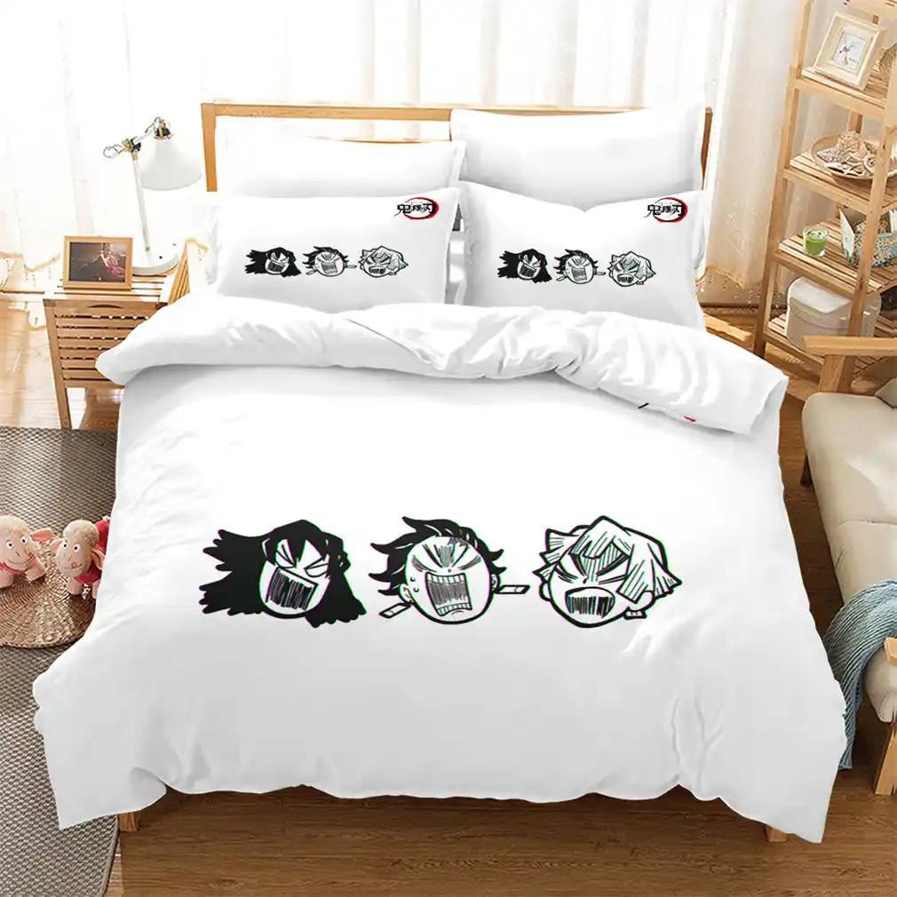 Demon Slayer Bed Linen Set Cartoon Anime Duvet Covers Pillowcases Kids Teen Anime Kimetsu No Yaiba Sticker Quilt Cover 2 3 Piece Bedding Sets Aliexpress