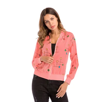

2019 Beach Shirt Long Sleeve Autumn Winter New Women's Jacket Color Dotted Yarn Zip Pink Print Female Jacket