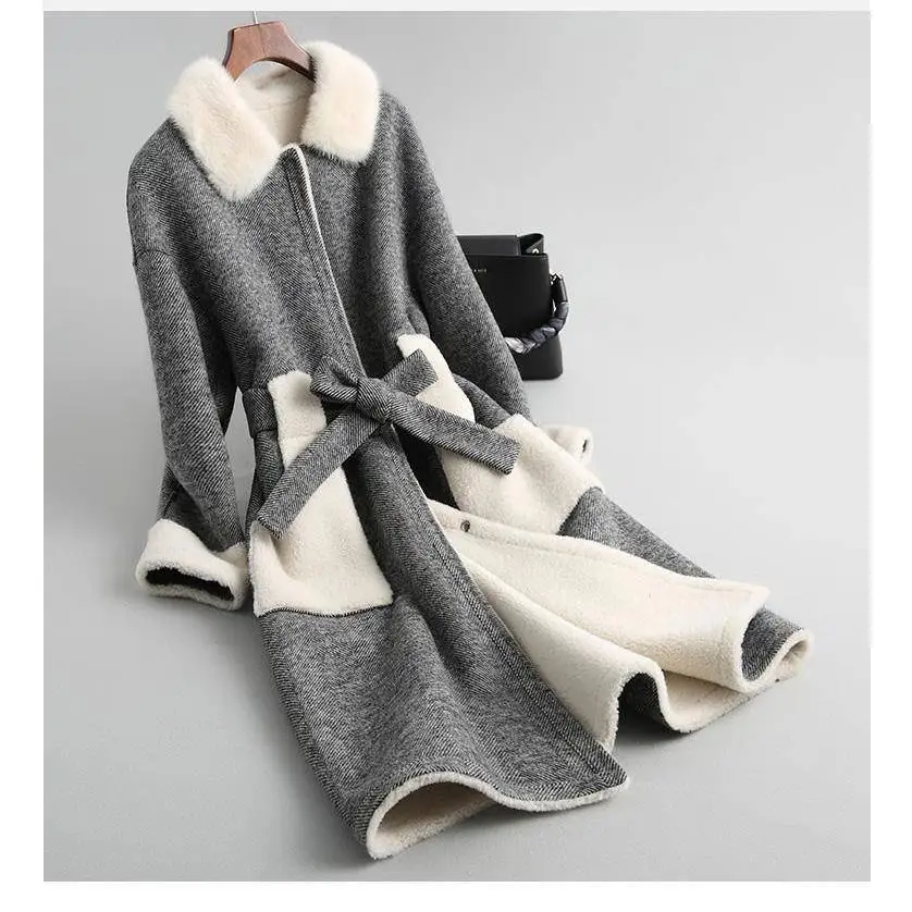 Женское зимнее пальто из натурального меха, стрижка овец, клетчатая Длинная шерстяная куртка для женщин, Натуральная шерсть, овечья шерсть, одежда Abrigos Mujer N52