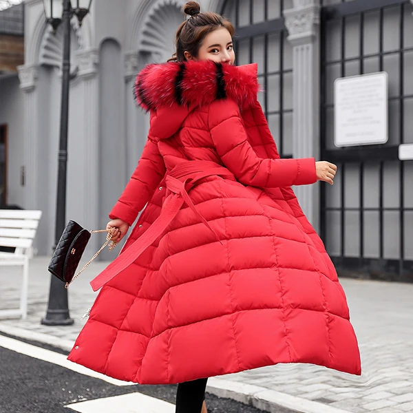 Зимнее Новое Стильное хлопковое пальто женское длинное до колена корейское толстое пальто размера плюс пальто с большим меховым воротником - Цвет: Red