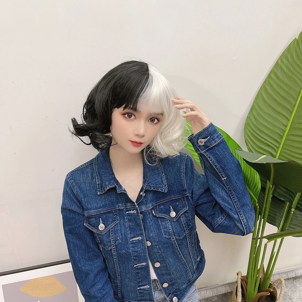 YIMIANJUQUAN Movie Cruella Wig Half Black And White Wigs For Costume Cosplay Women Girls Short Curly Hair Cute Party Halloween -Zentai shop online H41353706f8394fdd925dae384c04ec6dn.jpg