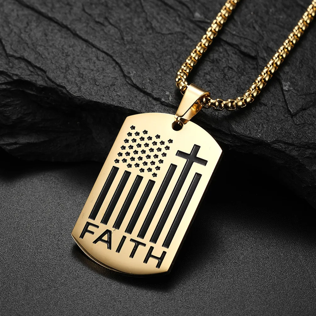 

Megin D Stainless Steel Titainum US Flag Faith English Badge Pendant Collar Chains Necklaces for Men Women Couple Gift Jewelry