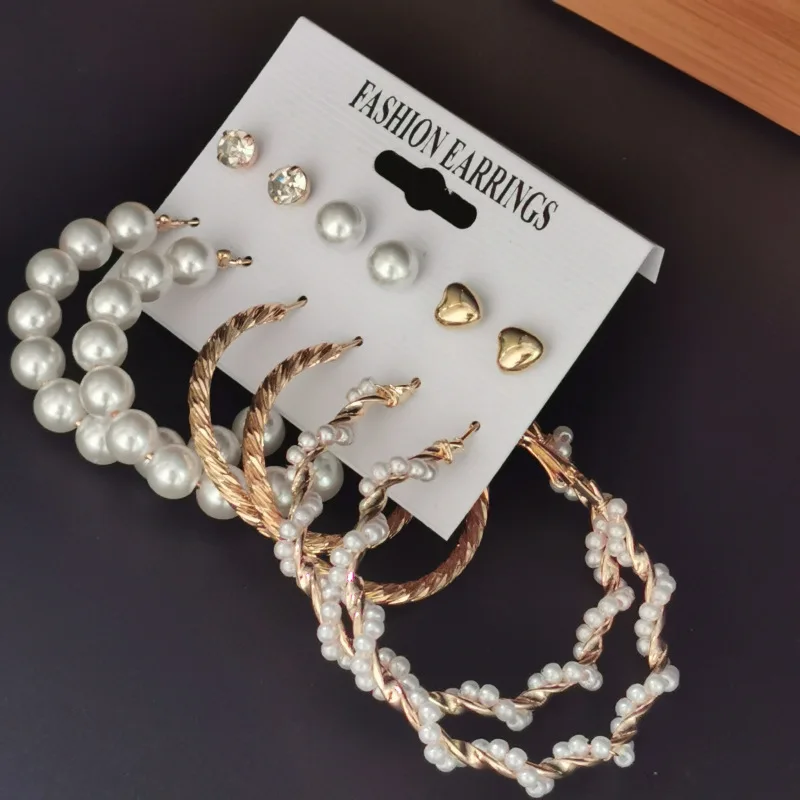 

6pcs/set Korean Design Big Round Alloy Set Women Earrings Imitation Crystal Pearl Popular Brand Party Jewelry Brincos