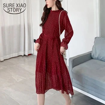 

Burgundy Vintage Women Dot Chiffon Dress Spring Long Sleeve Flare Sleeve Pleated Belt Elegant Mid-calf Long Midi Dresses 7918 50