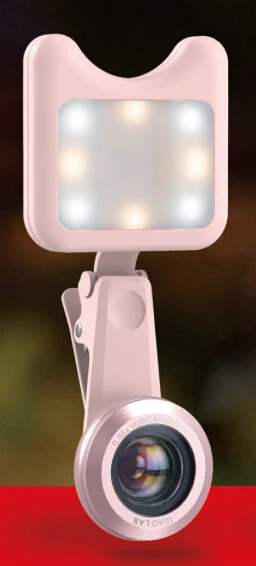 APEXEL Универсальный телефон объектив со светодиодной вспышкой заполняющий светильник Регулируемая яркость+ широкоугольный объектив+ 15X макрообъектив для iPhone samsung - Цвет: pink light withlens