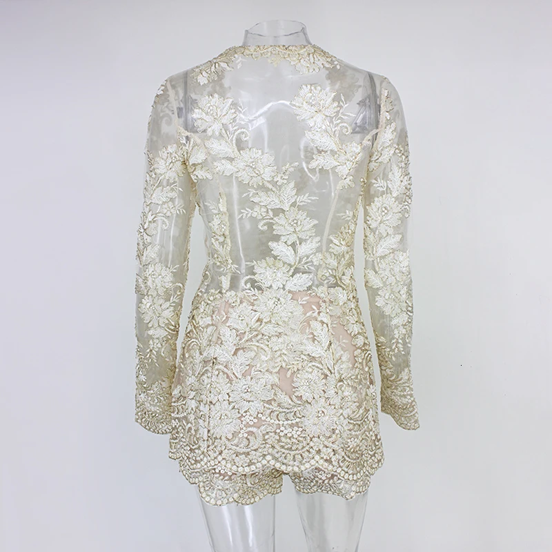 DRESSMECB женский комплект 2 шт. Элегантный Прозрачный сетчатый цветочный кружевной Женский комплект из 2 предметов Топ и штаны сексуальный укороченный топ с шортами