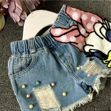 Летние Детские Рваные джинсовые шорты с блестками для маленьких девочек детские джинсовые шорты с блестками и жемчужинами, одежда, штаны для детей от 2 до 7 лет