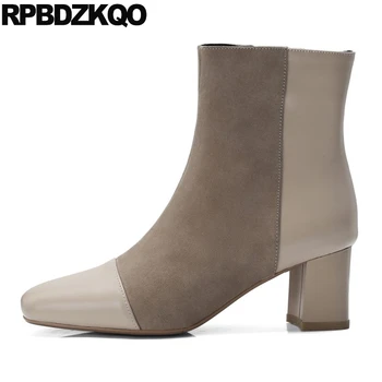 

chunky square toe short fall women ankle boots medium heel vintage autumn genuine leather suede block shoes comfortable 2019
