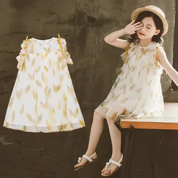 

New Kids Dresses For Girls 2020 Spring Summer Girl Child Baby Sweet Princess Leaf Print Dress Sleeveless Dress Baby Girl Clothes