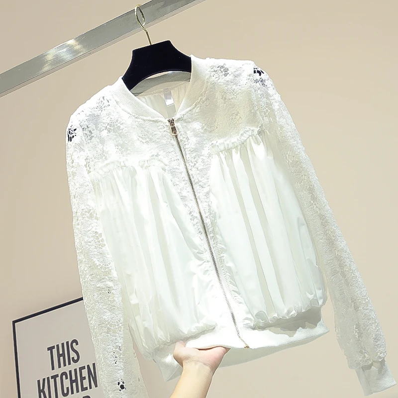 

Lace Jacket Zipper Jacket Women Spring Autumn Stitching Solid Color Jackets Lady Coat Casaco Feminino Jaqueta Feminina Black