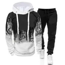 2 Pcs/set Men Hoodie Suit Splash-ink Print Drawstring Casual Sweat Absorption Long Sleeve Men Tracksuits for Daily Wear