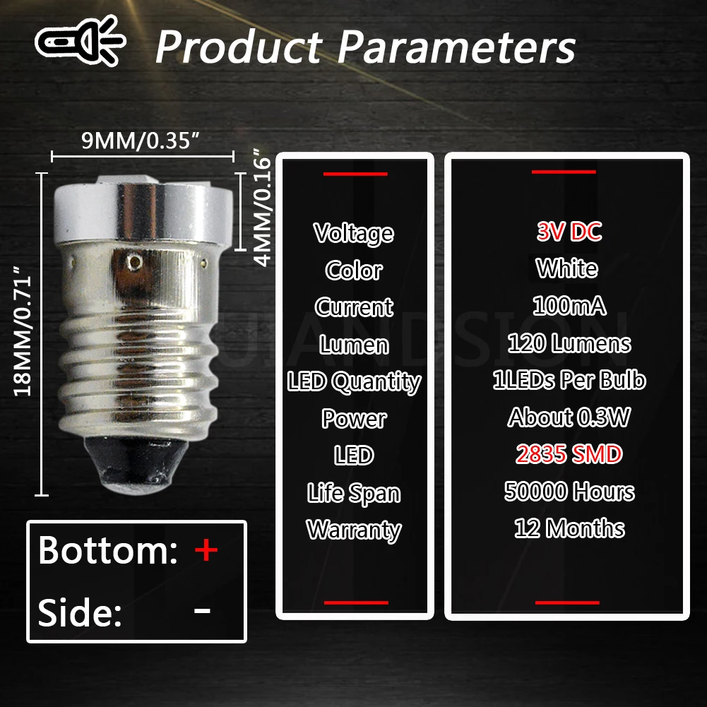 P13.5S PR2 E10 LED Flashlight Bulb Lamp 3V 6V 12V Led Bulb Replacement 3030 3smd Torch 3 Volt Screw Lighting 6000K 2pcs led lights led bulbs