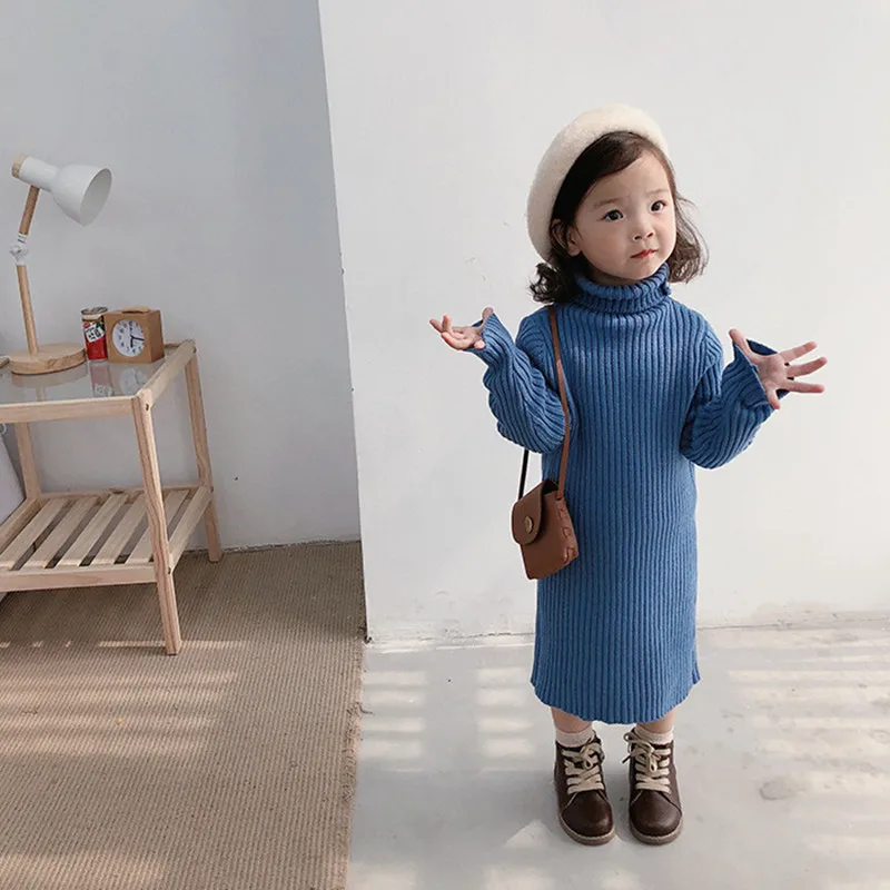 Baby Girls Skinny Elastic Knitted Dress Pure Color Kids Clothes Turtleneck Collar Children Winter Sweater Dresses | Детская одежда и