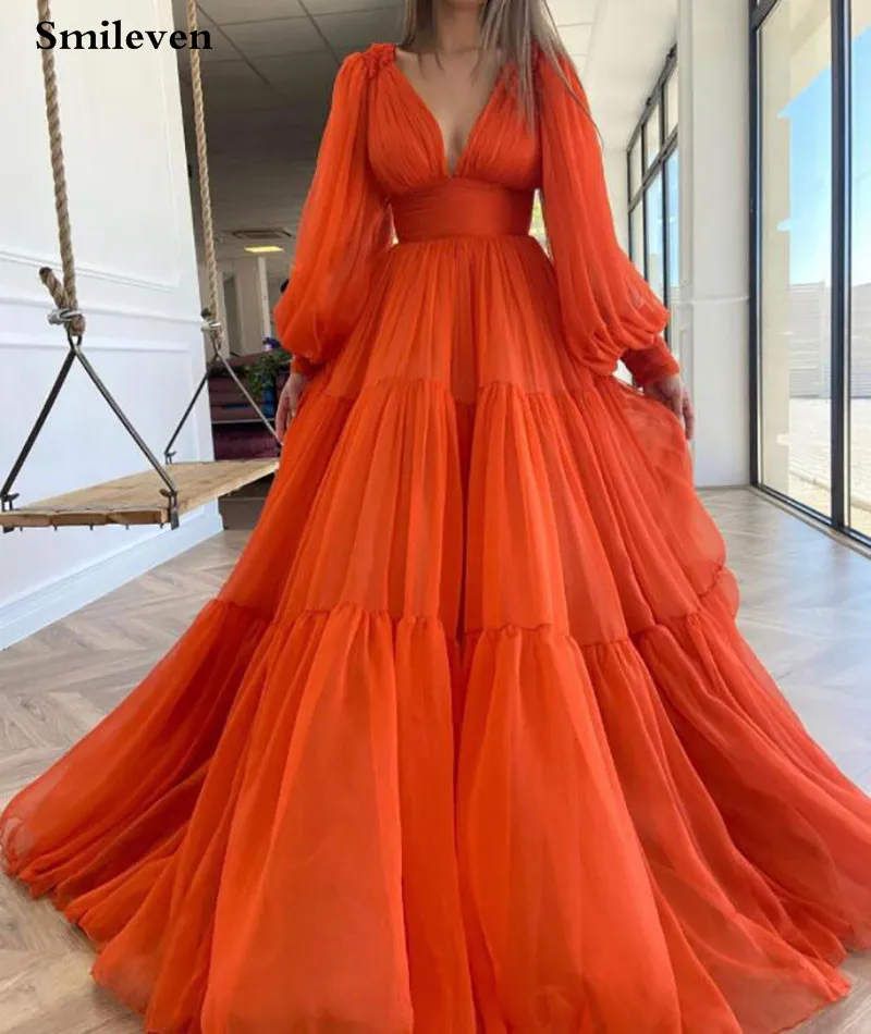 

Smileven Orange Chiffon Puff Sleeves Prom Dresses Sexy V-Neck Pleats Princess Plus Size Longo Evening Party Gowns