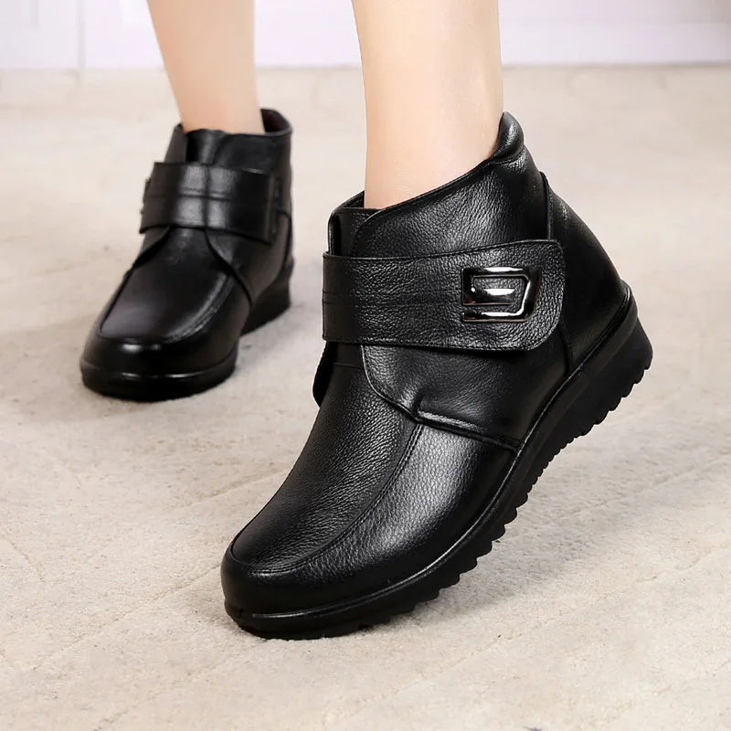 

Women Ankle Snow Boots Hook Loop Wedge Genuine Split Leather Black Round Toe Heel Plush Mother Platform Ladies Shoes Botas Mujer