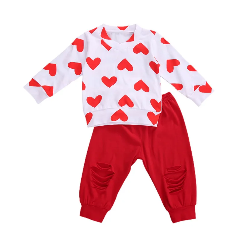 Infant Clothing For Baby Girls Clothes Set Autumn Winter Newborn Heart Print T-shirt+Hole Pants Outfit Suits | Мать и ребенок
