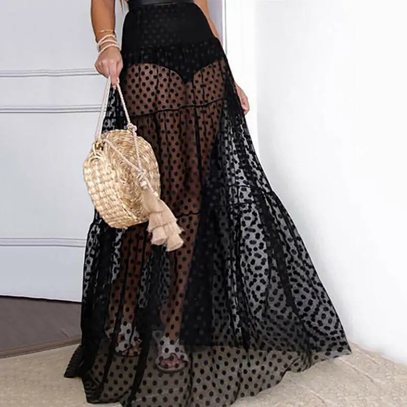 

Summer Beach Bohemian Maxi Skirts Women Polka Dot Sexy See Through Mesh Bikini High Waist Skirt Casual Party Sundress Skirt XL