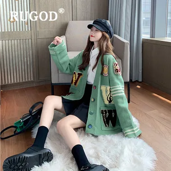 

RUGOD 2019 New Autumn Women Knitted Cardigan Sweet Korean Chic Preppy Style Letter Decorating Sweater V-neck Loose Slim Coat