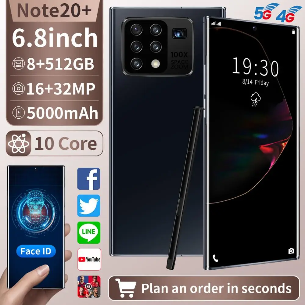 Smartphones Galax Note20U+ Snapdragon865 Global Version 6.8 Inch 8G 256G 12GB 512GB 24MP Camera Android 10 Mobile Phone GPS Wifi