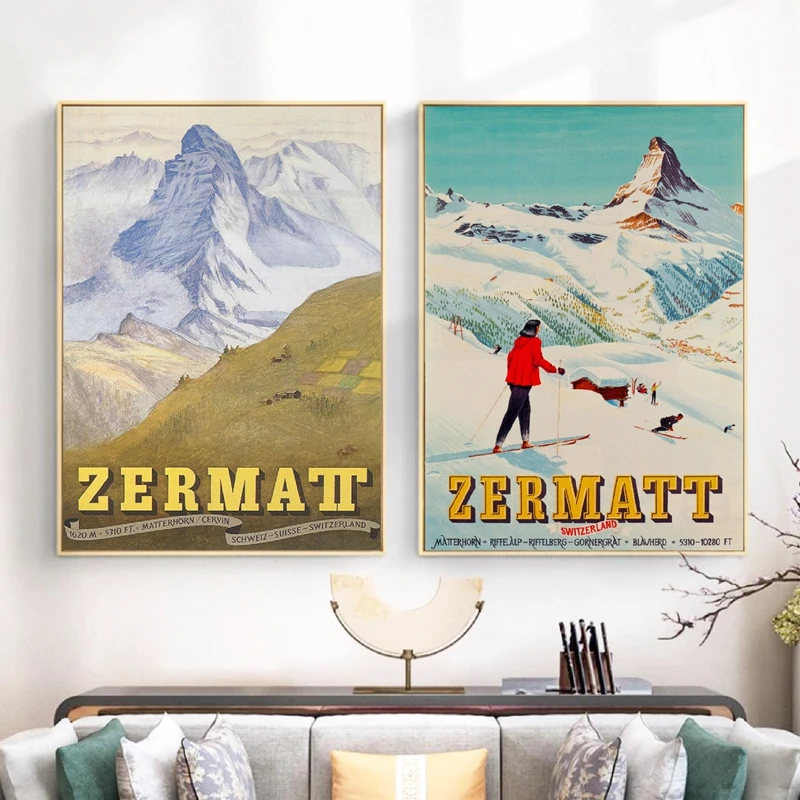 Zermatt Switzerland Matterhorn Night Vintage Schwiez Travel Art Poster Print 