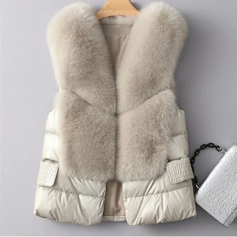

High Quality Women Short Patchwork Faux Fur Vest Winter Warm Down Waistcoat High Street Female Plush Sleeveless Cropped Jacket