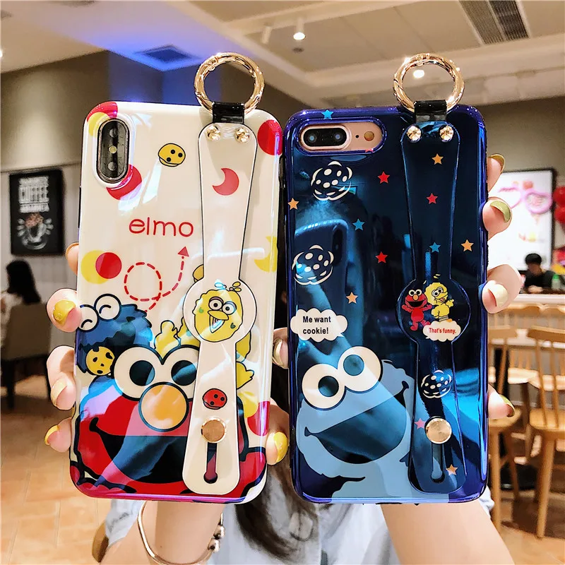 

Fashion Cute Sesame Street Anti Knock Protective Cover For Iphone 6 7 8 S Plus X XR XS XSMAX With Wrist Strap Fitted Phone Case