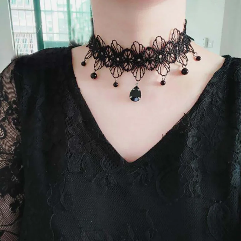 Collares Sexy Gothic Chokers Crystal Black Lace Neck Choker Necklace V