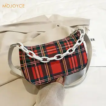 

Vintage Women Handbags Plaid Elegant Female Retro Acrylic Chain Underarm Shoulder Bags Canvas Totes Purse
