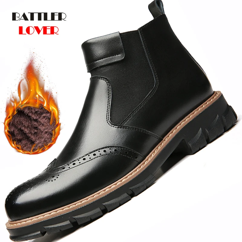 Winter Fleece Genuine Leather Ankle Chelsea Brogue Boots Men Shoes Vintage Males High Quality Leather Ankle Boots Big Size 38-44