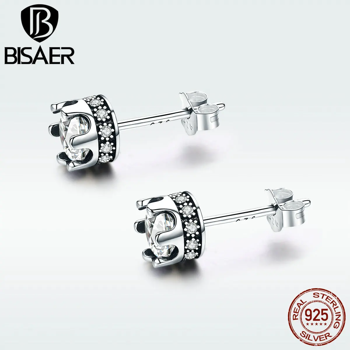 BISAER, высокое качество, 925 пробы, Серебряная корона принцессы, ослепительные CZ серьги-гвоздики для женщин, Стерлинговое серебро, ювелирные изделия GXE311
