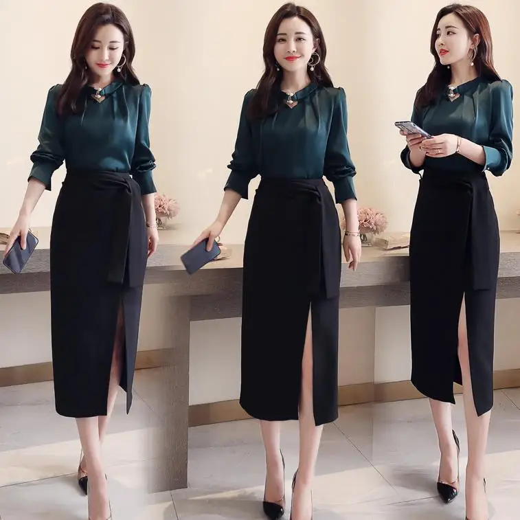 

2019 Spring New Style Korean-style Elegant Debutante Set-Style Slim Fit Solid Color Shirt Skirt Trendy Two-Piece Set