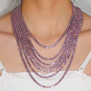 

Bling Pink Zircon Tennis Necklaces Shiny CZ tennis Chain Choker Women Men Rock hip hop bling jewelry
