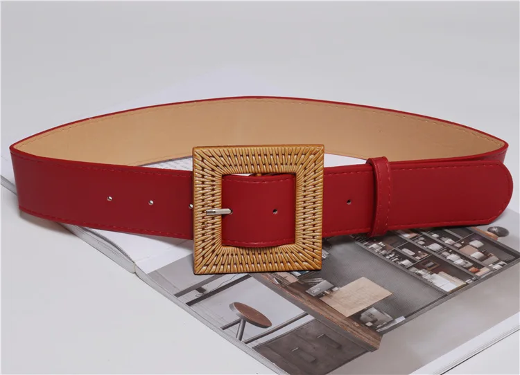 Square red Новинка, широкий пояс, черный, красный, коричневый, с люверсами, ПУ, женский пояс, корсет, ремни, пояса для женщин, платье ceinture femme YS118 - Цвет: Square red