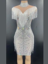 

Rhinestone Black White Wrap Hip Bodycon Fringe Transparent Short Dress Evening Birthday Celebrate Prom Bar Dancer Mesh Dress